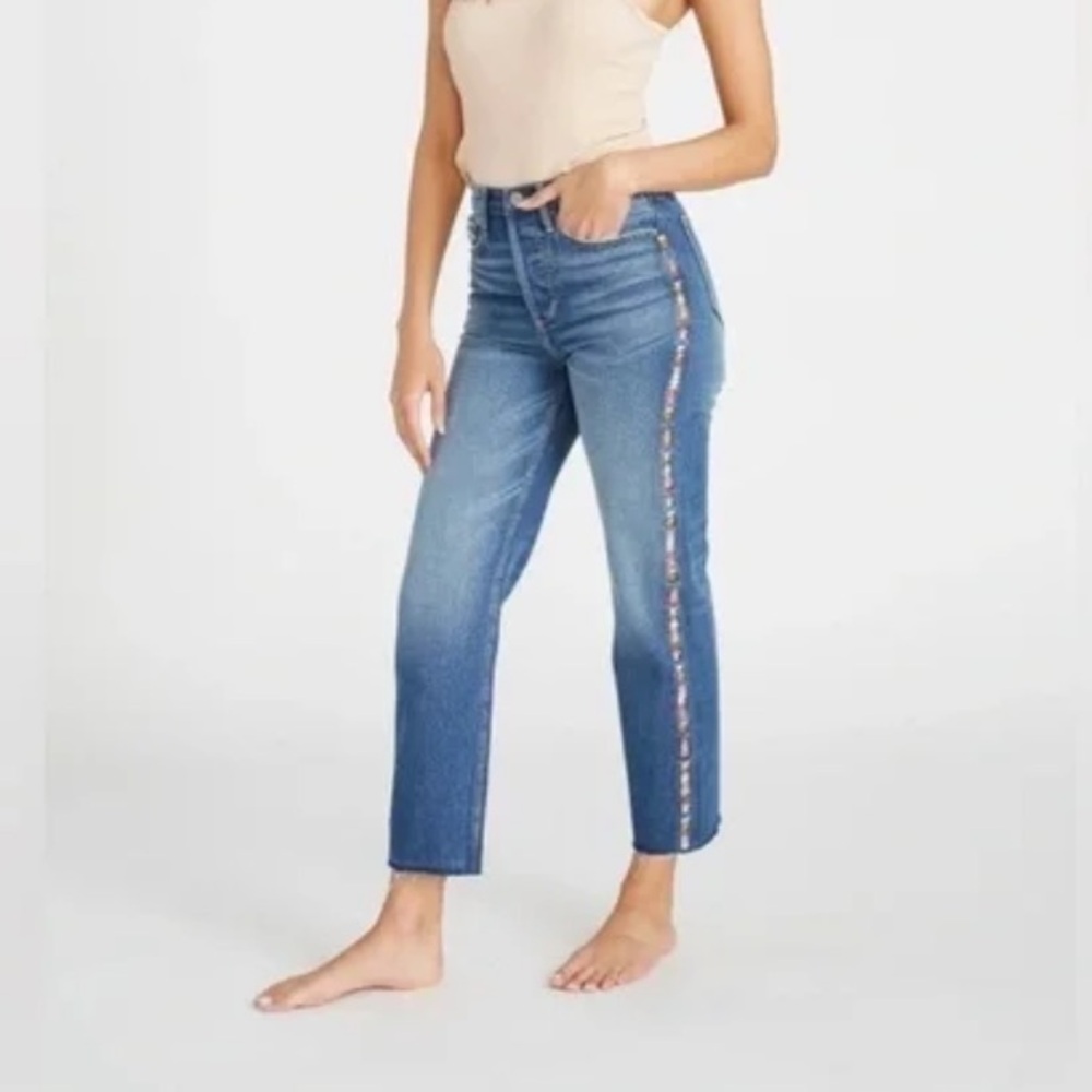 Driftwood Royce Straight Jeans 27 rainbow embroidered free people kaleidoscope